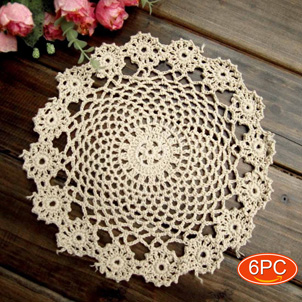 Elesa Miracle Handmade Round Crochet Cotton Lace Table Placemats Doilies Value Pack, 6pc, Garland, Beige, 8 Inch