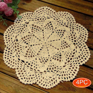 Elesa Miracle Handmade Round Crochet Cotton Lace Table Placemats Doilies Value Pack, 4pc, Sun Flower, Beige, 14 Inch