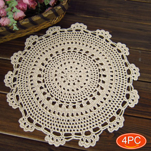 Elesa Miracle Handmade Round Crochet Cotton Lace Table Placemats Doilies Value Pack, 4pc, Octagon, Beige, 14 Inch