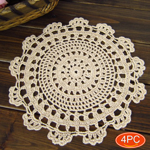 Elesa Miracle Handmade Round Crochet Cotton Lace Table Placemats Doilies Value Pack, 4pc, Persia, Beige, 10 Inch